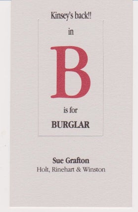 Item #21826 Promotional bookmark for her book, "B is for Burglar" Sue GRAFTON