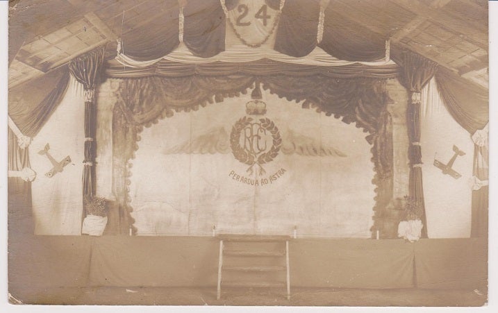 Item #26934 Original contact print sepia toned photograph of a stage set up with back-drop and curtains noting "24" (Squadron) RFC.