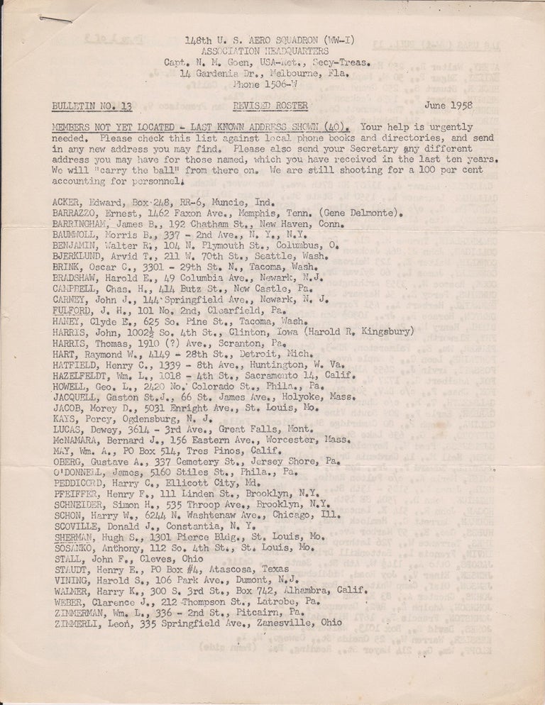 Item #26986 148th U. S. Aero Squadron (WW-I) Association Headquarters. Bulletins No. 13 and 60. [2 items].