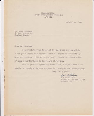 Item #27072 Typed Letter, signed, dated 30 October 1945. Brig Gen David William HUTCHISON