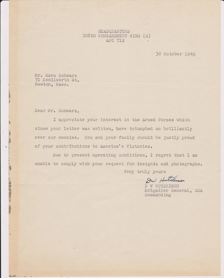 Item #27072 Typed Letter, signed, dated 30 October 1945. Brig Gen David William HUTCHISON.