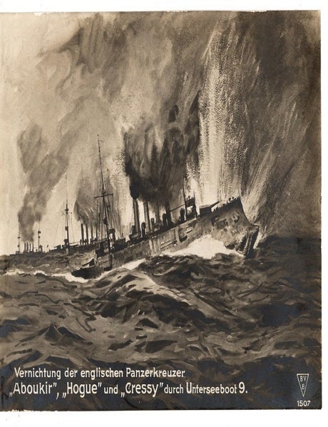 Item #28933 Postcard - Vernichtung der englischen Panzerkreuzer "Aboukir", "Hogue" und "Cressy" durch Unterseeboot 9. POSTCARD - GERMAN WEDDIGEN U9.