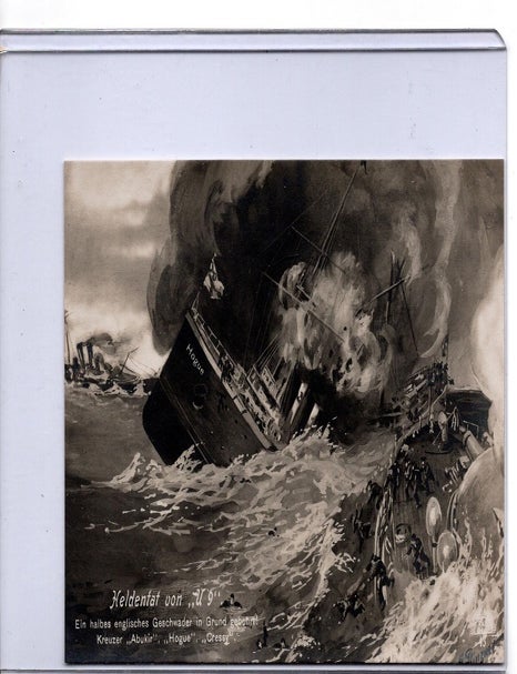 Item #28935 Postcard - Heldentat von "U 9" Ein halbes englisches Geschwader in Grund. POSTCARD - GERMAN WEDDIGEN U9.
