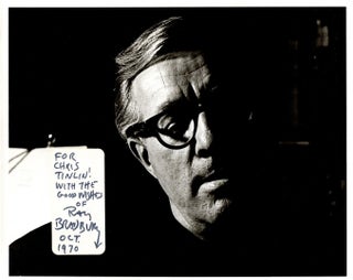 Item #31051 Black and white photographic headshot of Bradbury with a white label applied at lower...