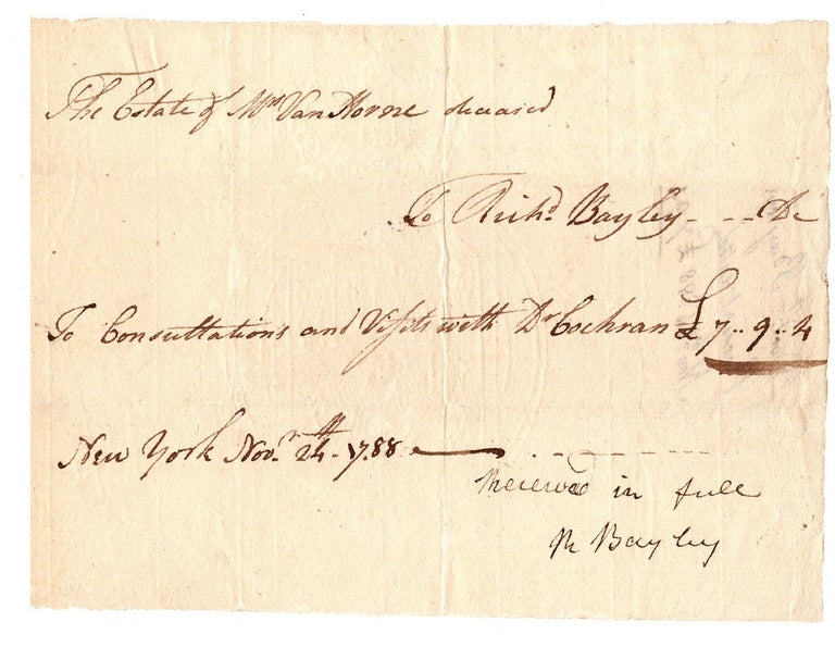 Item #31488 Receipt for payment from the estate of a deceased patient. Dated Nov 24th 1788. Richard BAYLEY.