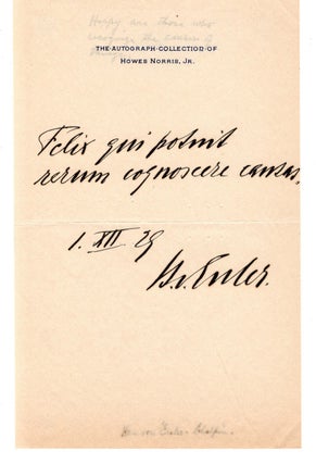 Item #31522 Two line sentiment in Latin signed "H. v. Euler." dated I.XII.29. Nobel Prize...