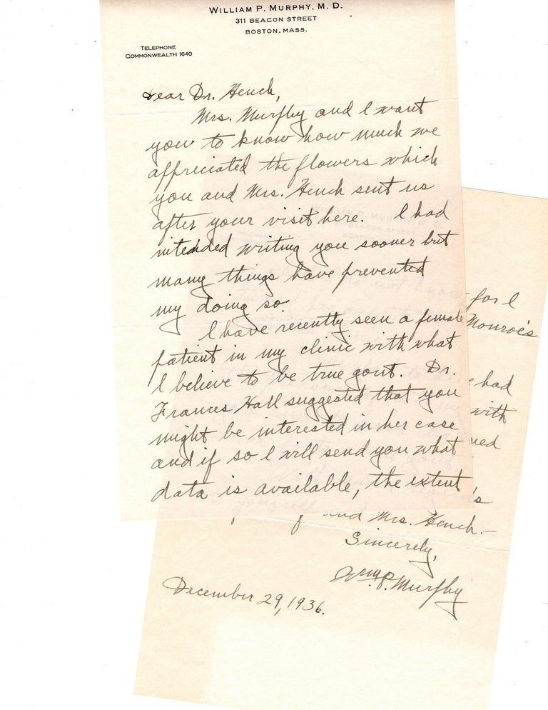 Item #31664 Four lengthy letters and five shorter letters from Nobel Laureate William P. Murphy (1892 - 1987) to Philip S. Hench (1896 – 1965). An American physician. Hench, along with his Mayo Clinic co-worker Edward Calvin Kendall and Swiss chemist Tadeus Reichstein was awarded the Nobel Prize for Physiology or Medicine in 1950. William P. MURPHY.