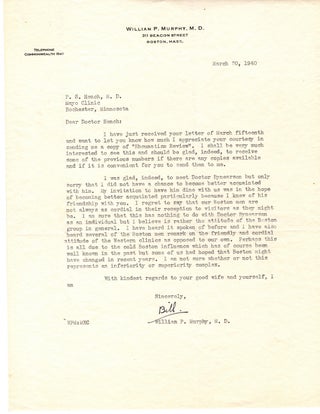 Four lengthy letters and five shorter letters from Nobel Laureate William P. Murphy (1892 - 1987) to Philip S. Hench (1896 – 1965). An American physician. Hench, along with his Mayo Clinic co-worker Edward Calvin Kendall and Swiss chemist Tadeus Reichstein was awarded the Nobel Prize for Physiology or Medicine in 1950.