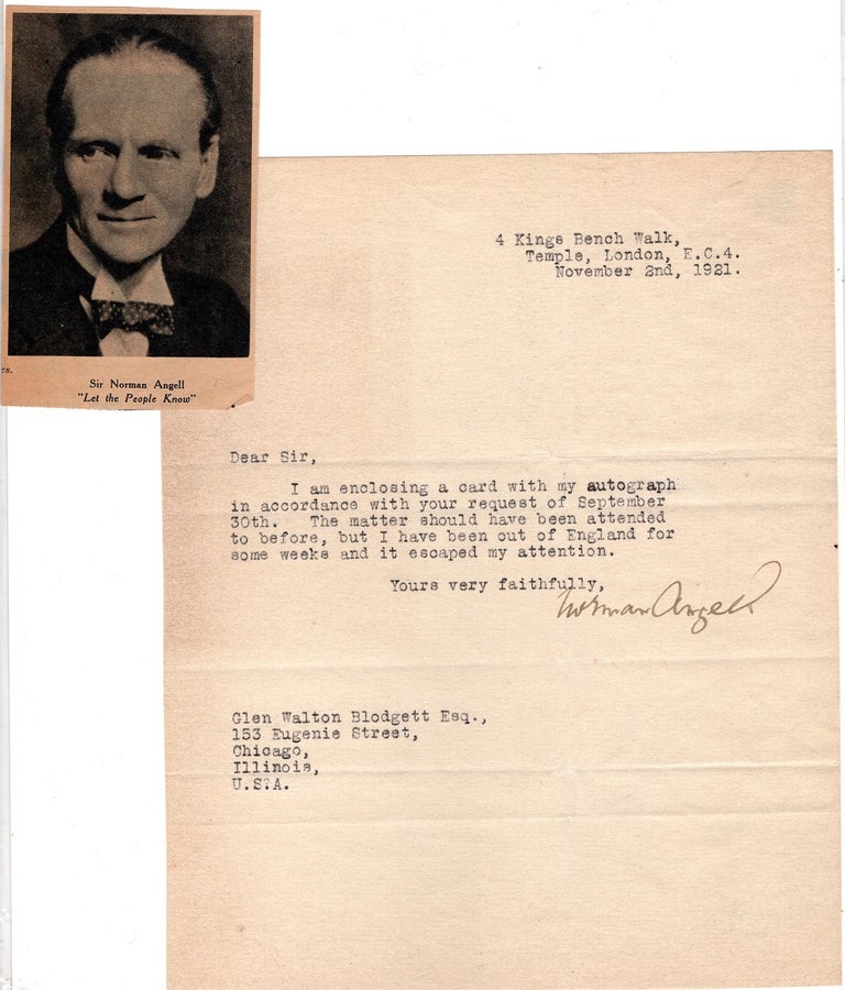 Item #32467 Typed Letter, signed, dated November 2nd, 1921. Nobel Laureate. Norman ANGELL.