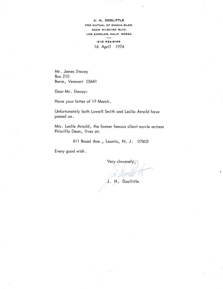 Item #32472 Typed Letter, signed, dated 16 April 1974. Gen. James H. DOOLITTLE.