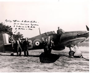 Item #32523 Copyprint photo of a Hurricane with six pilots standing in front of it one of whom is...