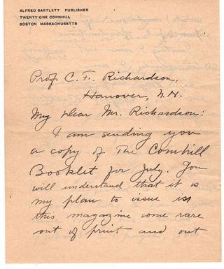 Item #33360 Autograph Letter Signed, July 6, 1900, to Prof. Charles F. Richardson. (with stamped,...