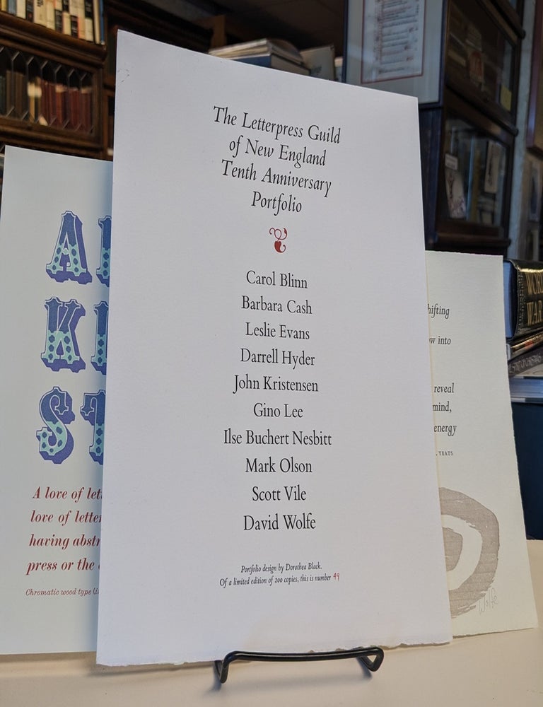 Item #33702 The Letterpress Guild of New England Tenth Anniversary Portfolio. Carol Blinn, Scott Vile, Mark Olson, Ilse Buchert Nesbitt, Gino Lee, John Kristensen, Darrell Hyder, Leslie Evans, Barbara Cash, David Wolfe.