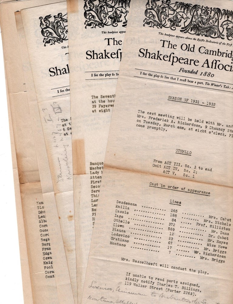 Item #34243 Seven 5 3/4" x 13" broadside announcements for "The Old Cambridge Shakespeare Association" dated from 1931 - 1935.
