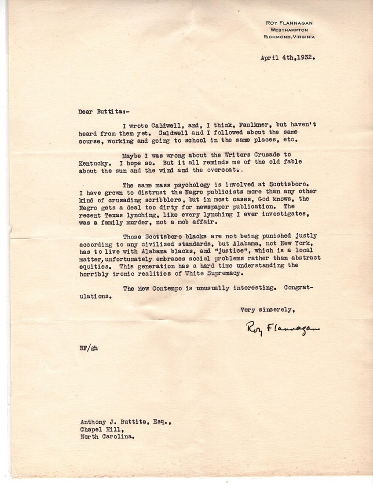 Item #34784 Typed Letter, signed. dated April 4th, 1932. Roy FLANNAGAN.