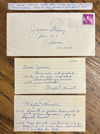 Two autographed 3" x 5" index cards: one with a brief description of his squadron. Capt. Clayton L. BISSELL.