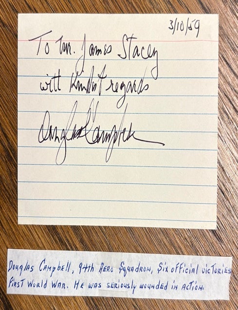 Item #34934 One autographed 3" x 5" index card: with a brief message to a World War One collector dated 1959. Signed. Douglas CAMPBELL.